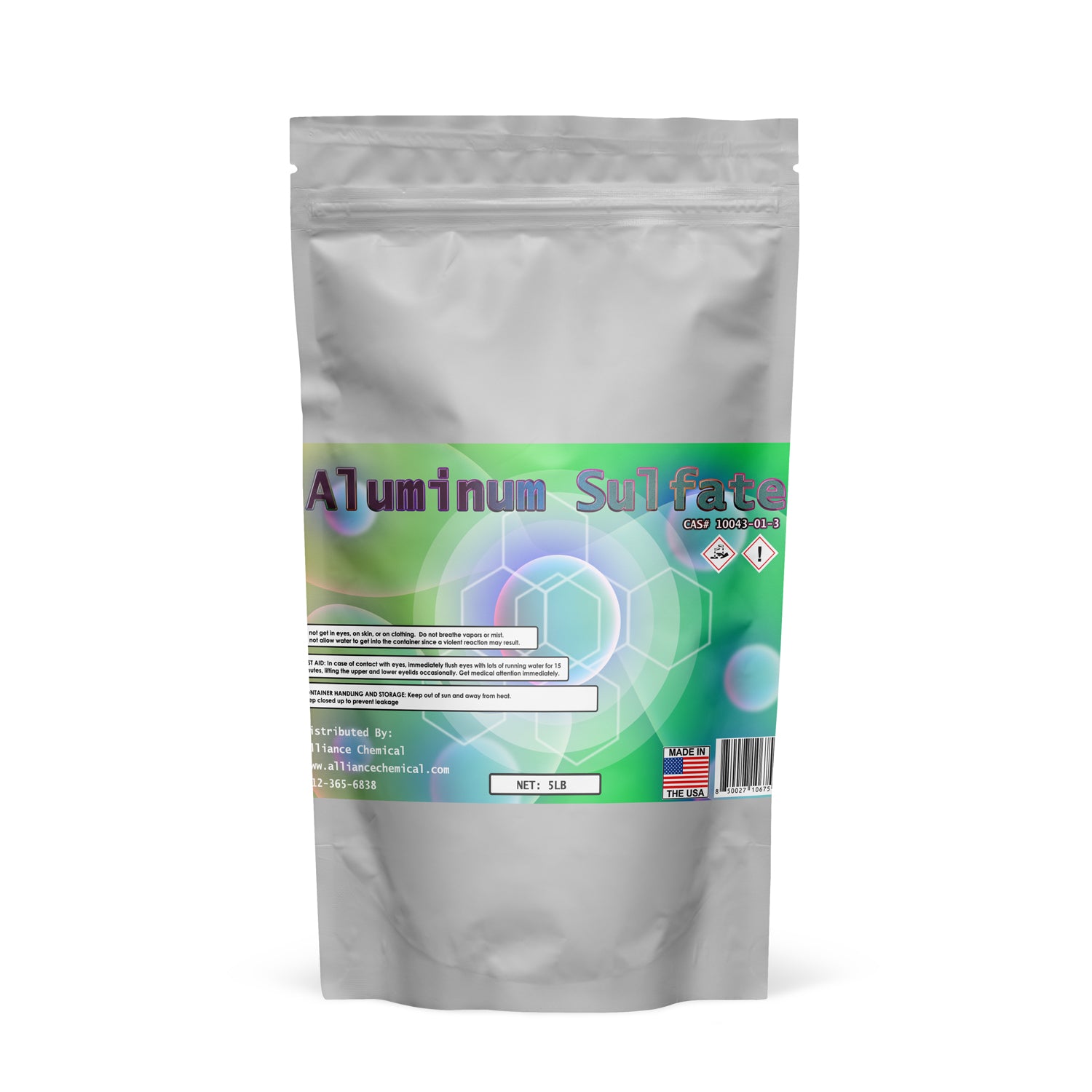 5lb Aluminum Sulfate in resealable silver pouch, CAS 10043-01-3, GHS hazard symbols, made in USA, ACS-grade chemical with molecular diagram.